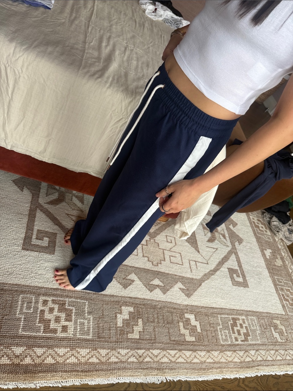 Divided Navy Track Pants with White Side Stripe